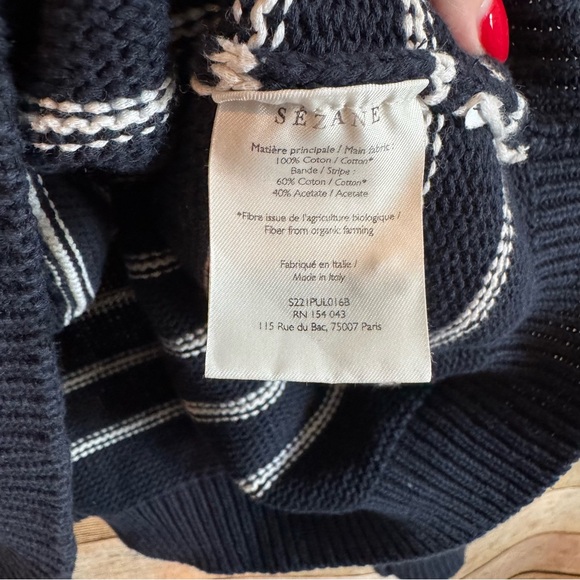 Sezane Navy Stripe Leontine Jumper Cotton Blend Pullover Henley Sweater Size M - Picture 6 of 10